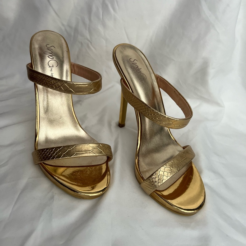 Gold snake print mule high heels